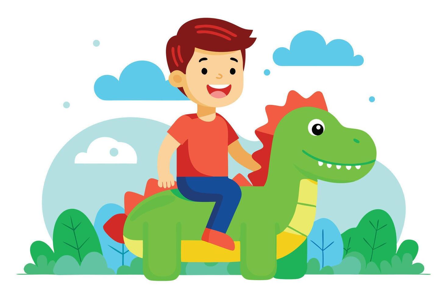 Smiling Boy Riding a Cartoon Dinosaur in a Colorful Landscape Illustration vector