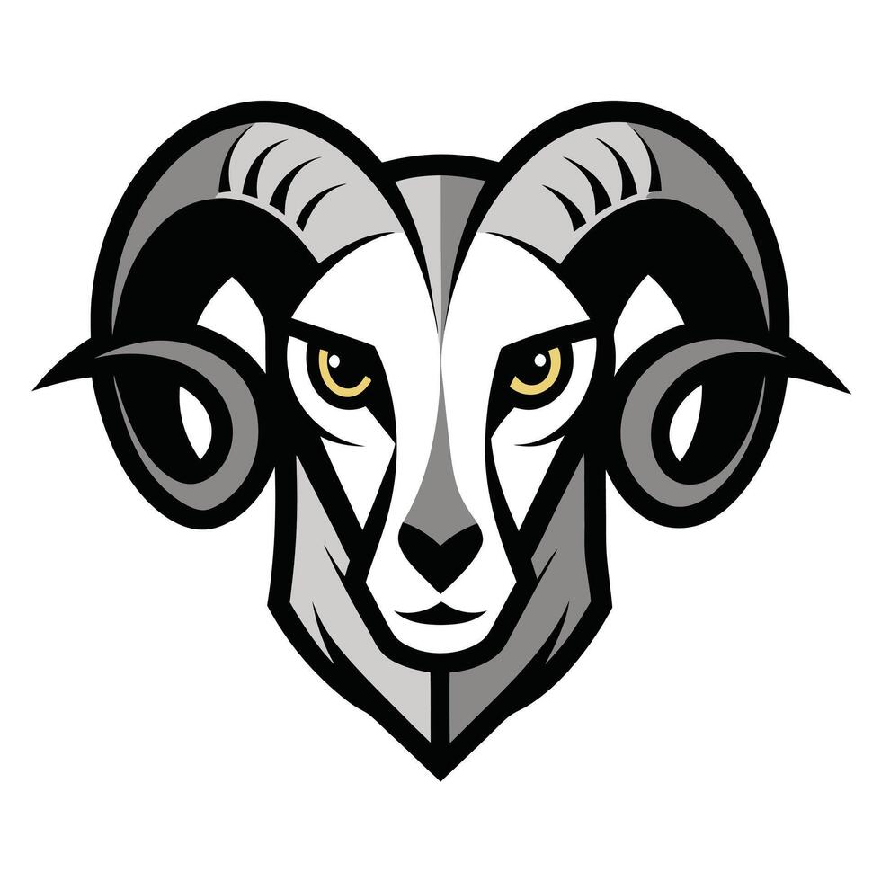 Stylized Gray Ram Head with Yellow Eyes Illustration, Detailed Horns vector