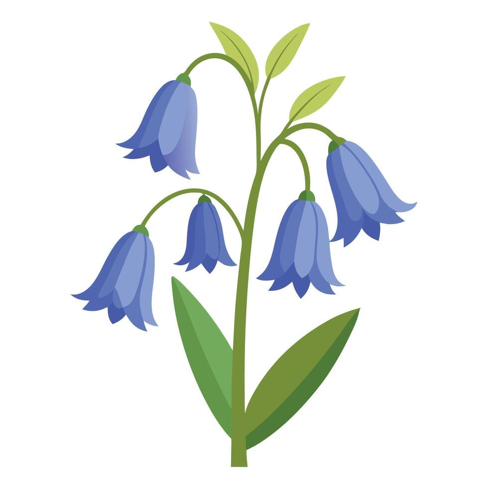 Stylized Bluebell Flower Illustration with Geometric Leaves and Stem on White Background vector