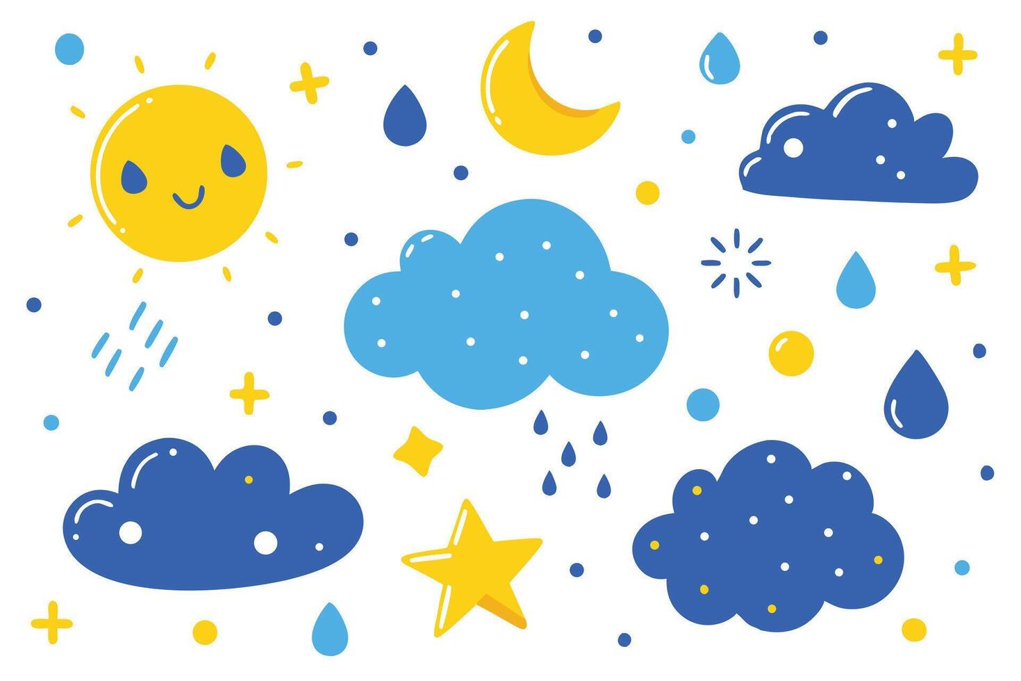 Whimsical Weather Icons Cartoon Clouds, Raindrops, Sun, Moon, and Stars on White vector