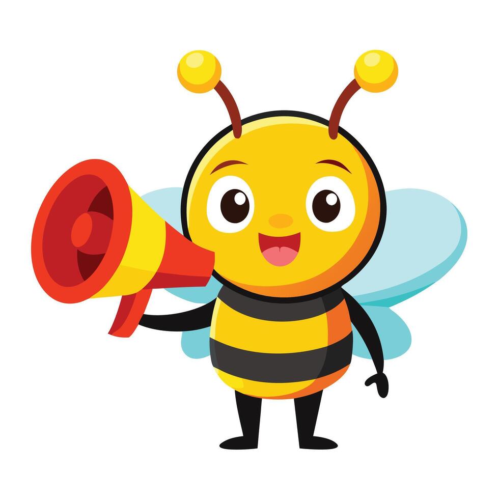 Cartoon Bee Character Holding Megaphone, Stripped Body, Light Blue Wings and White Background vector