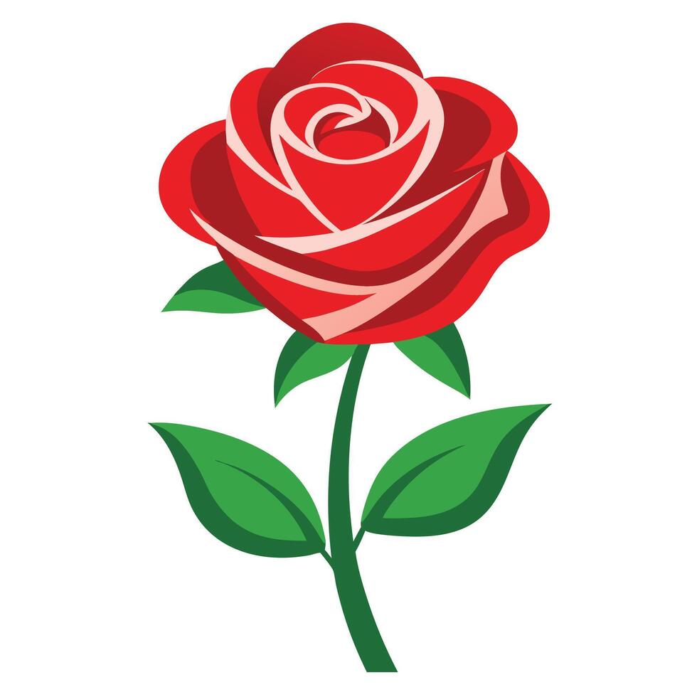 Stylized Red Rose Illustration Elegant Blossom with Green Leaves on a White Background vector