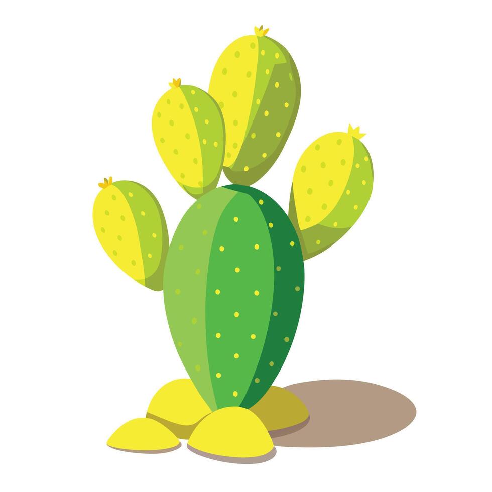 Stylized Green and Yellow Prickly Pear Cactus Cartoon with Rocky Base Illustration vector