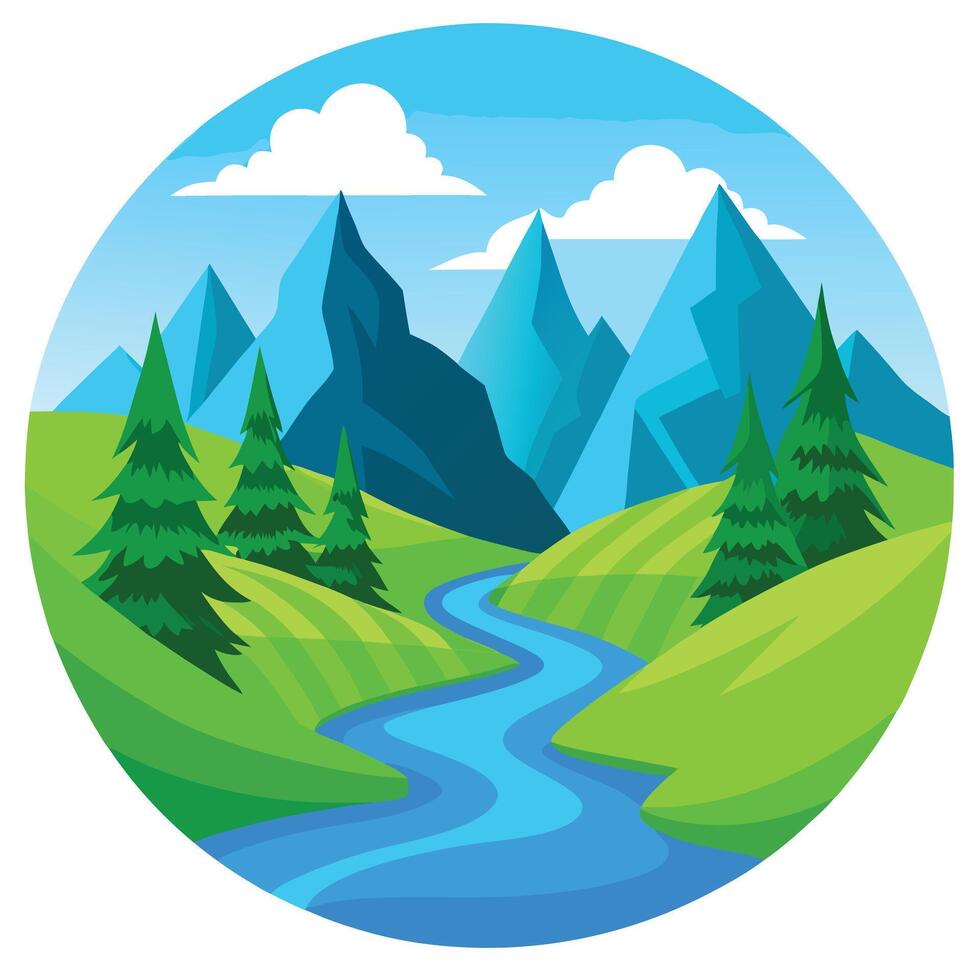 Serene Cartoon Mountain Landscape With River, Green Hills, and Evergreen Trees in a Circle vector