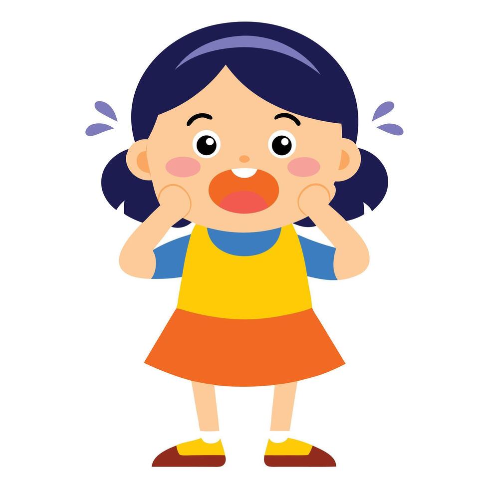 Cartoon Girl Expressing Shock with Hands on Cheeks and Open Mouth Illustration vector