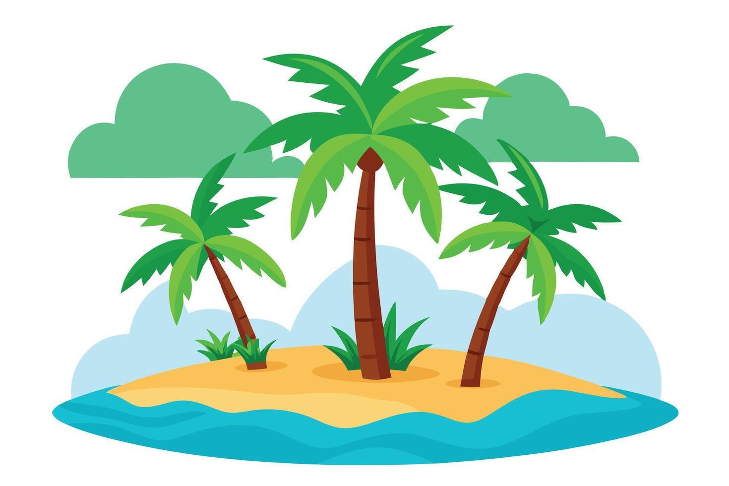 Cartoon Island with Palm Trees, Sandy Beach, Blue Water, and Clouds vector