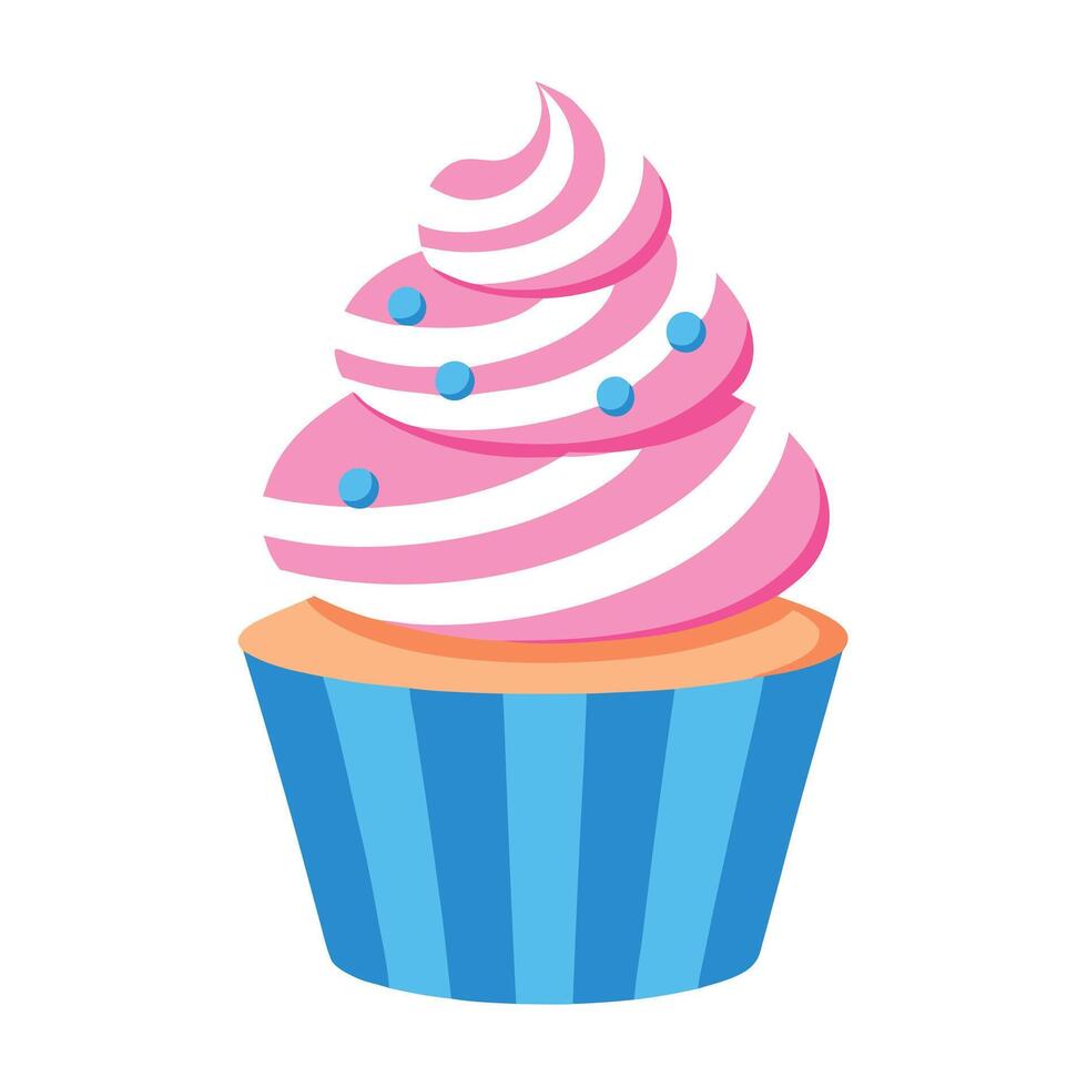Cartoon Cupcake with Swirled Pink Frosting and Blue Sprinkles in Blue Wrapper vector
