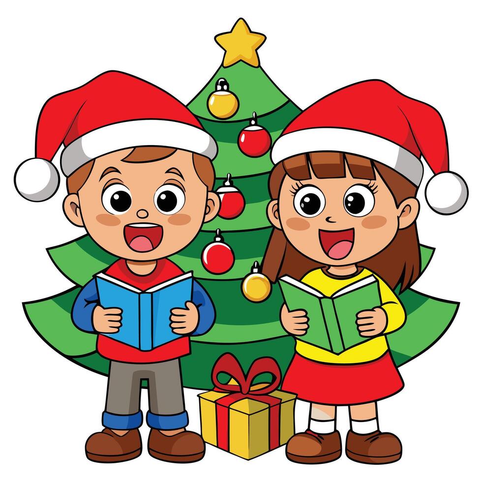 Cartoon Kids Singing Christmas Carols Before a Decorated Tree with a Gift vector