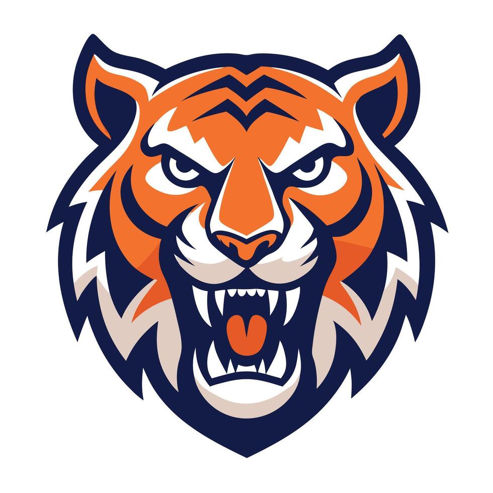 Aggressive Orange and Navy Tiger Head Mascot Logo Illustration with Sharp Teeth Showing vector