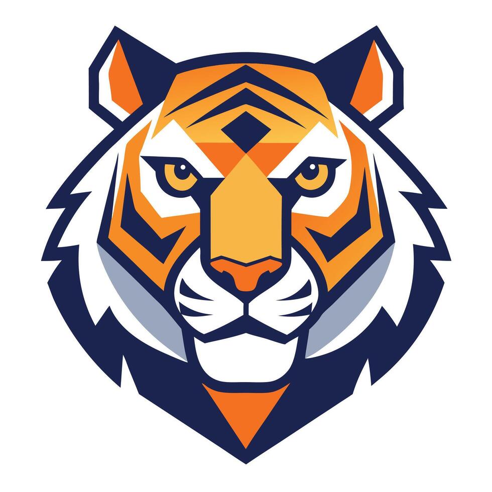 Stylized Tiger Head Illustration Geometric Design with Bold Orange and Navy Accents vector