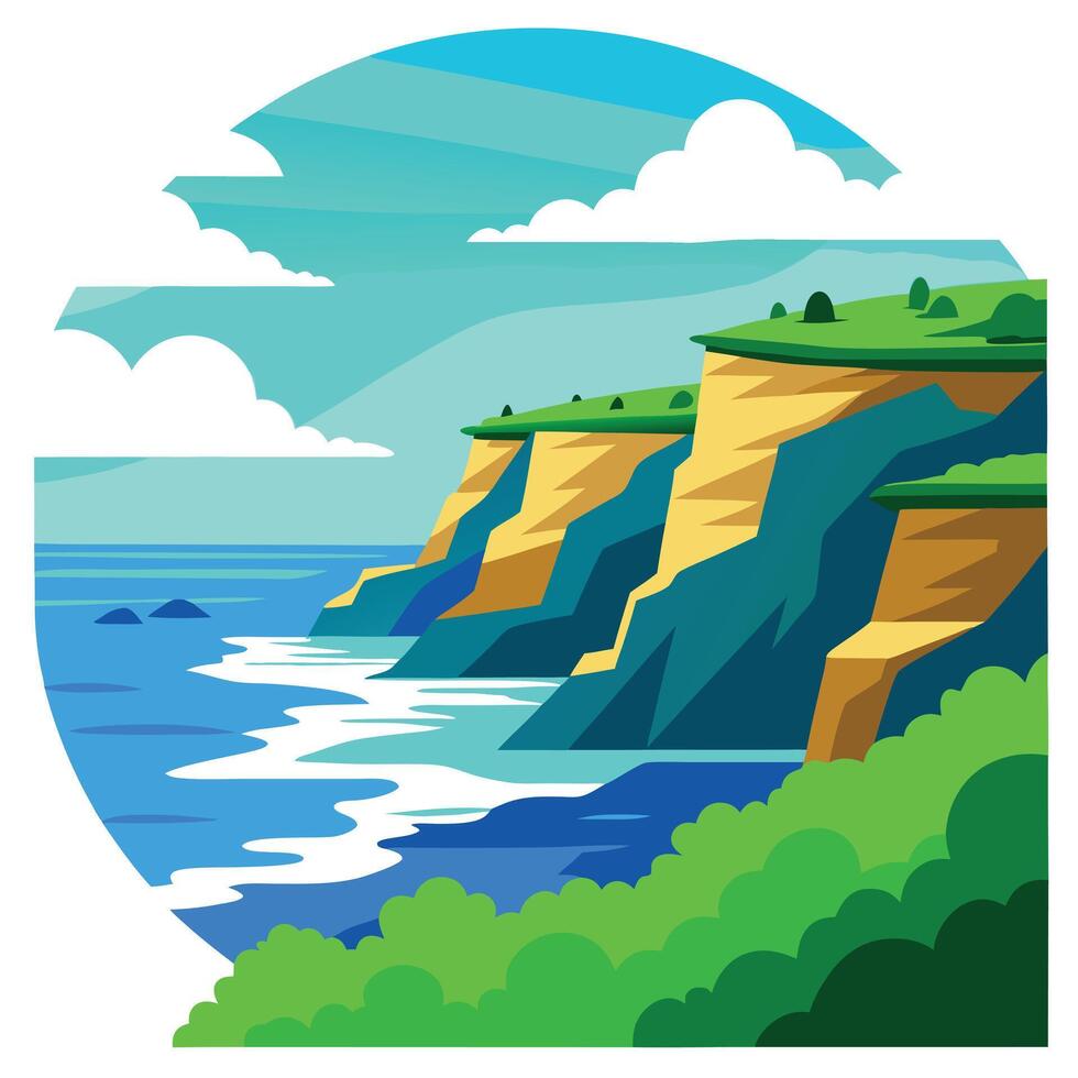 Vibrant Coastal Cliffs Landscape with Lush Greenery, Ocean Waves, and Sunny Sky vector