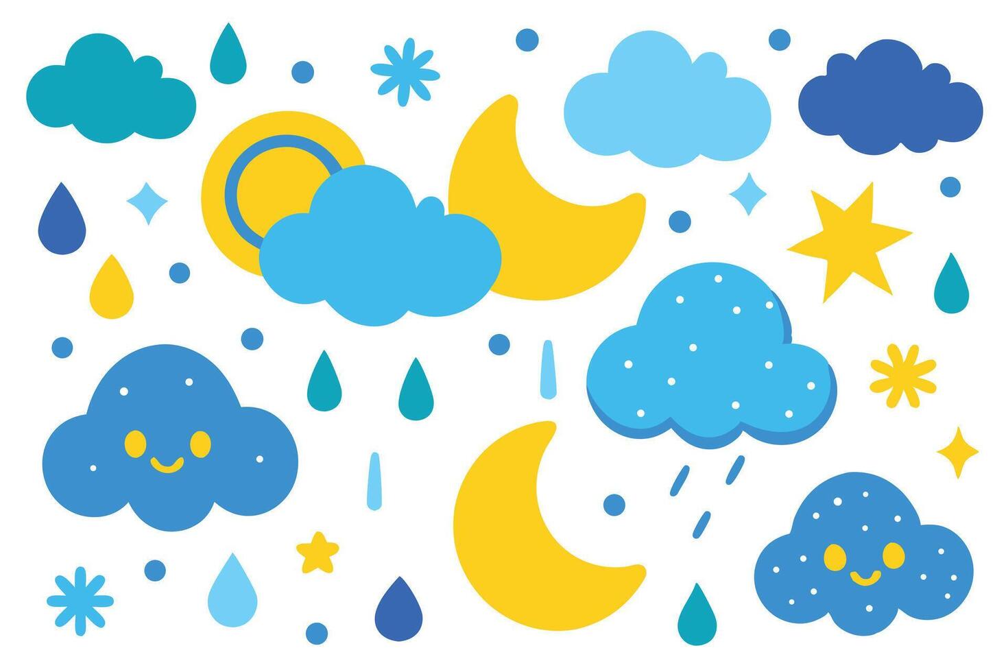 Whimsical Sky Illustration Clouds, Raindrops, Moons, and Stars, Cartoon Style on White vector