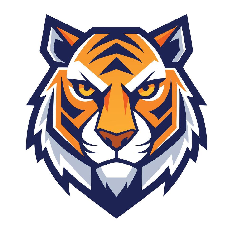 Stylized Tiger Head Mascot Design Orange and Black Stripes, Fierce Expression, Navy Blue Accents vector