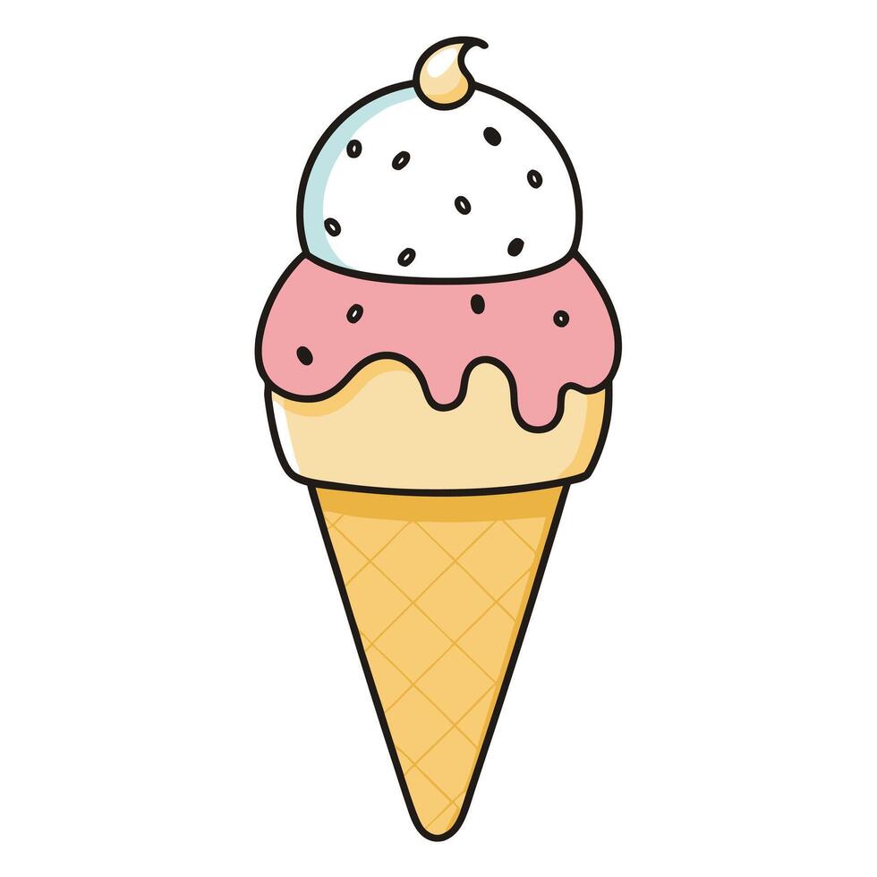 Cartoon Ice Cream Cone with Two Scoops Vanilla, Strawberry and Waffle Cone vector