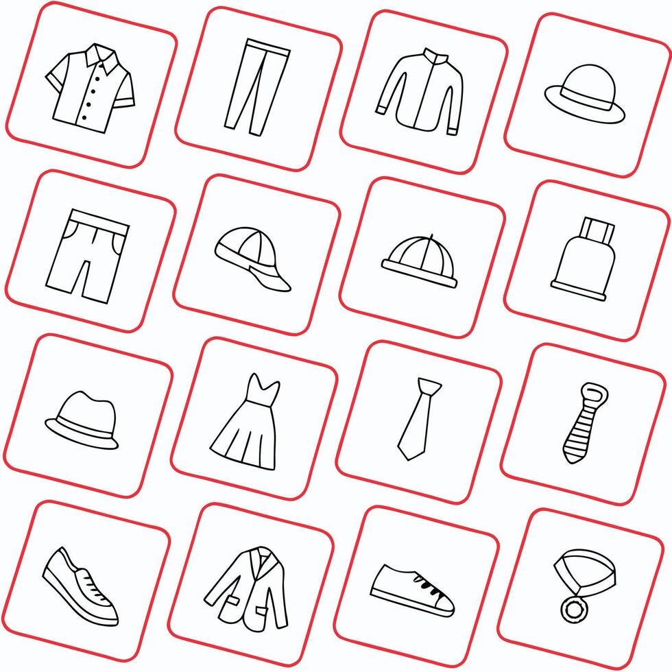 A set of clothing icons in red square frames vector
