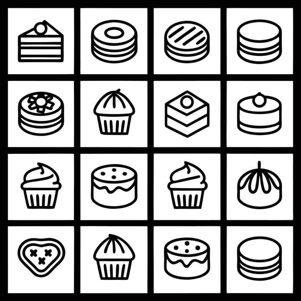 A set of black and white icons of cakes and desserts vector