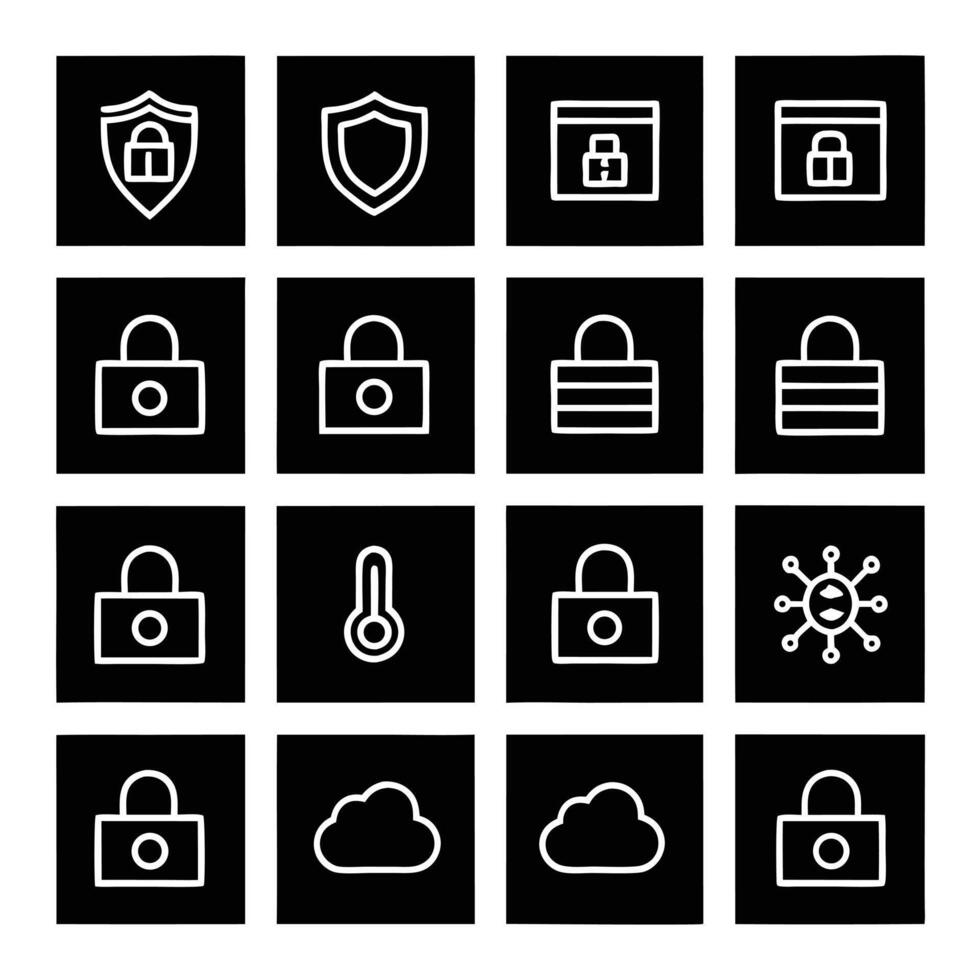 Set of security icons, including lock, cloud, padlock, and more vector