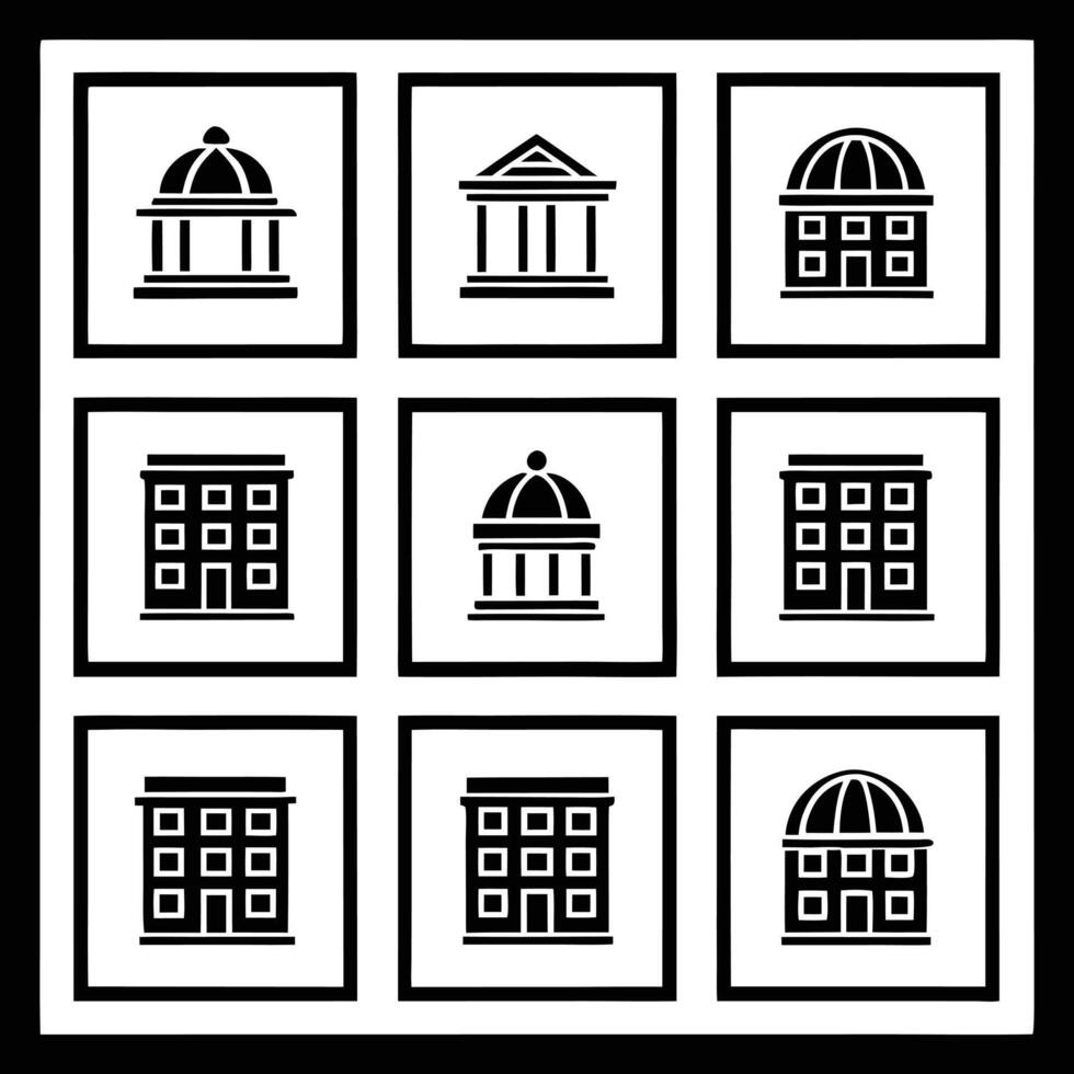 A set of nine buildings icons in black and white vector