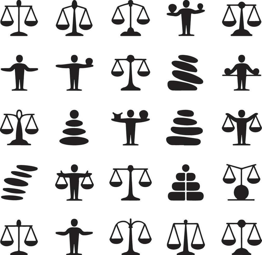 A set of black and white icons depicting people and scales vector