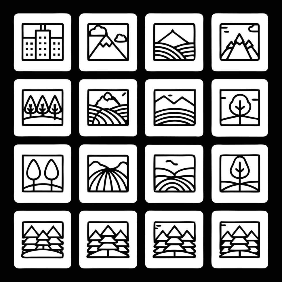 A set of black and white icons depicting various landscapes vector