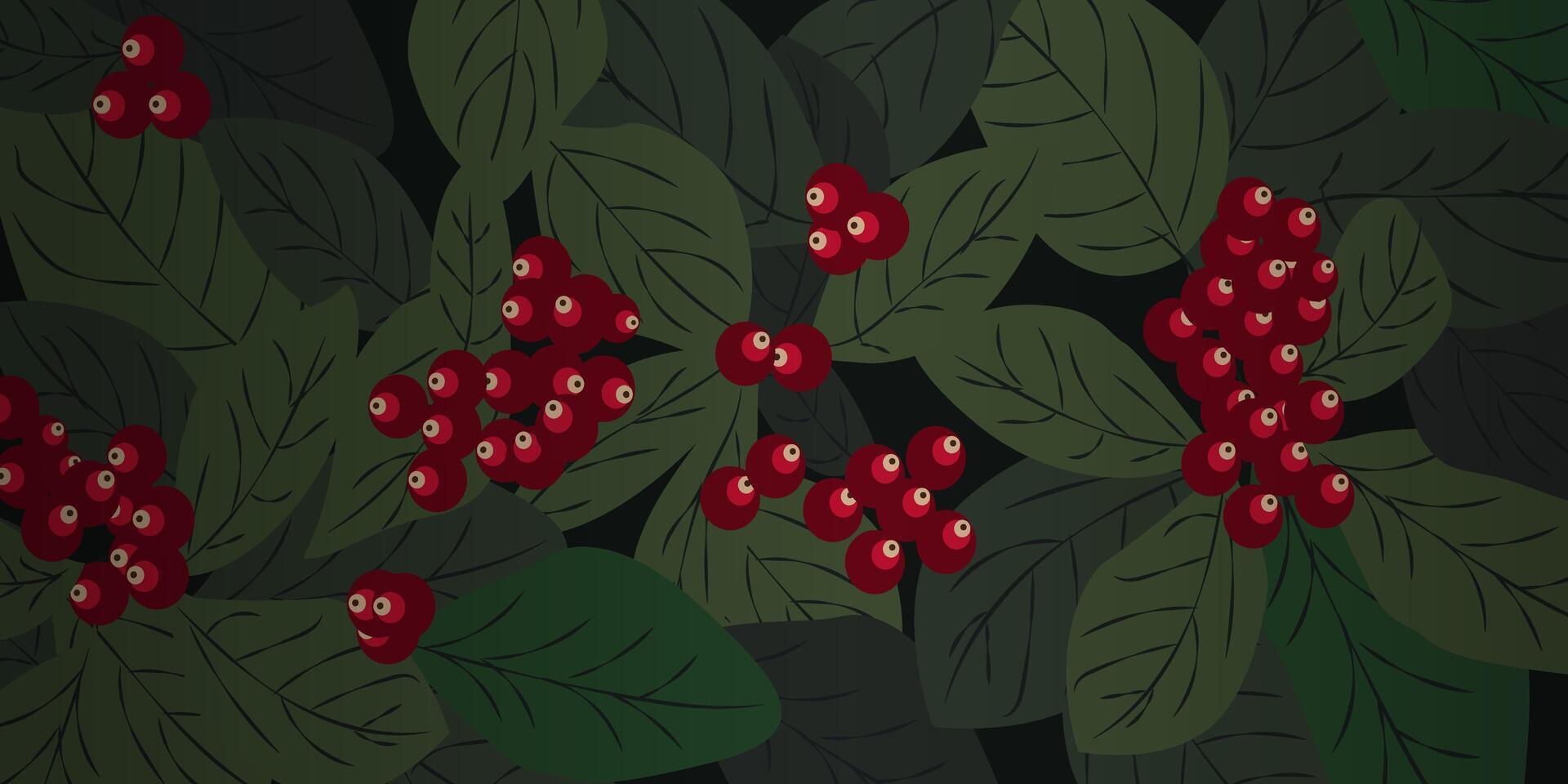 Red berry bushes background. Horizontal green natural backdrop vector