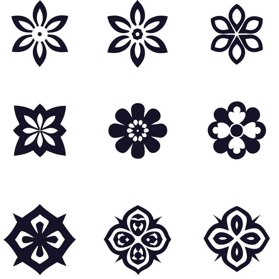 A collection of abstract black and white floral icons with a seamless pattern design vector