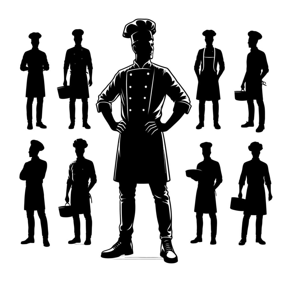 Silhouette of chef, waiter, cook and other people. vector