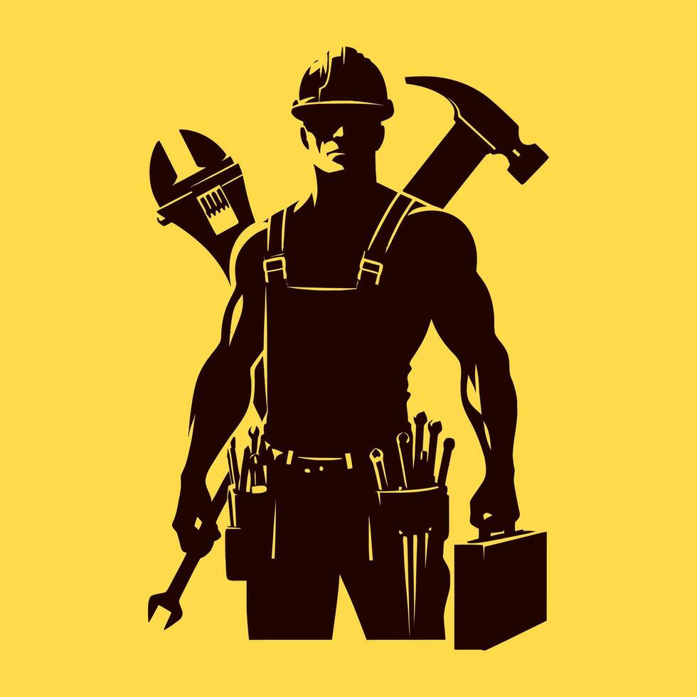 Silhouette of a construction worker with tools. Builder man illustration. vector