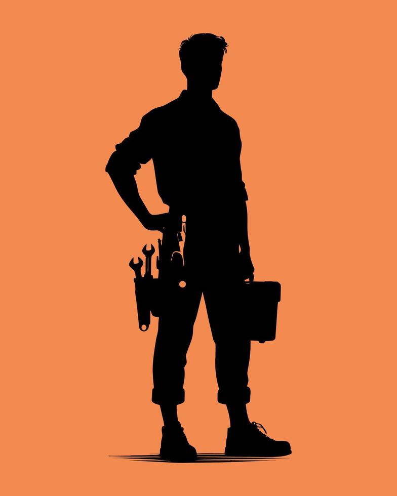 Silhouette of construction worker with tools on orange background vector