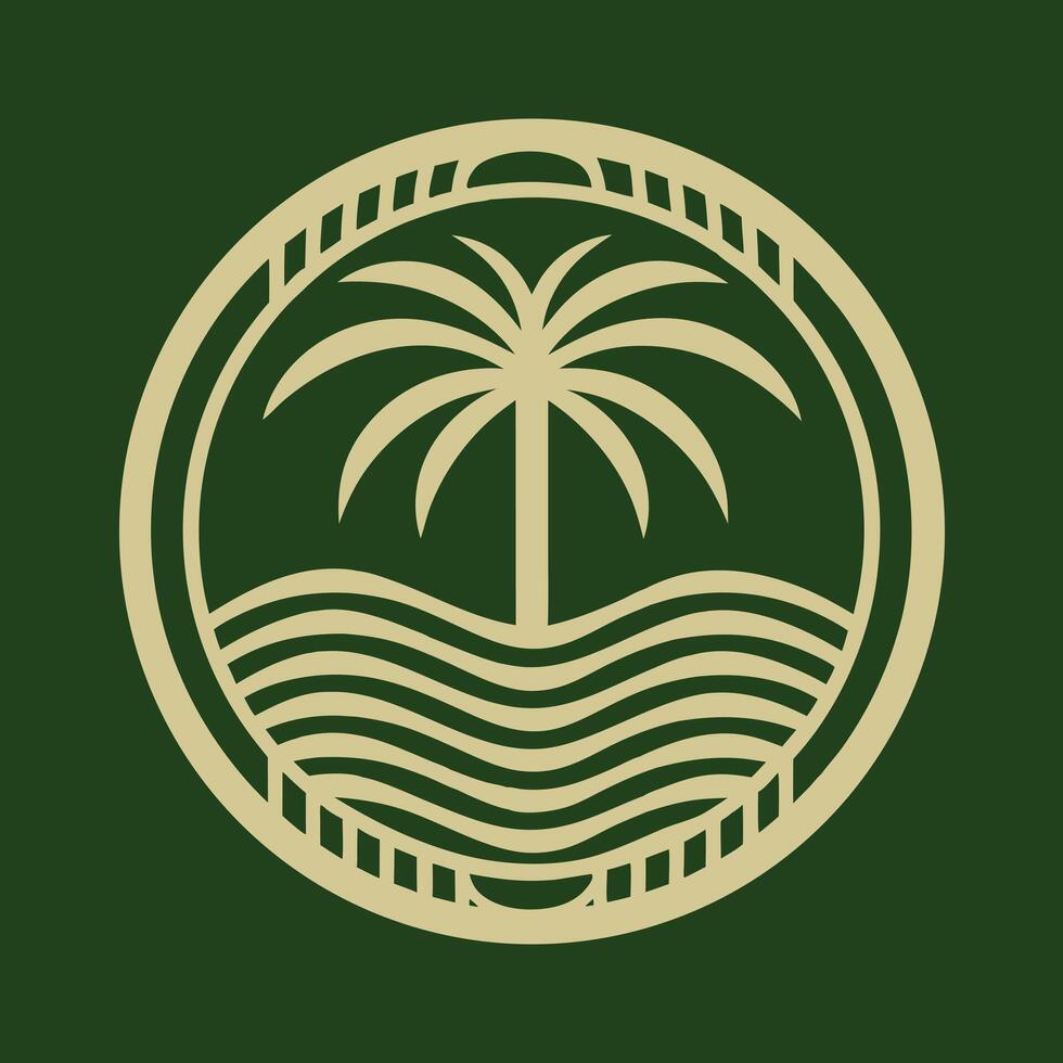 Beige Palm Tree and Ocean Waves Design in Circular Frame on Dark Green Background Abstract Tropical Summer Vacation vector