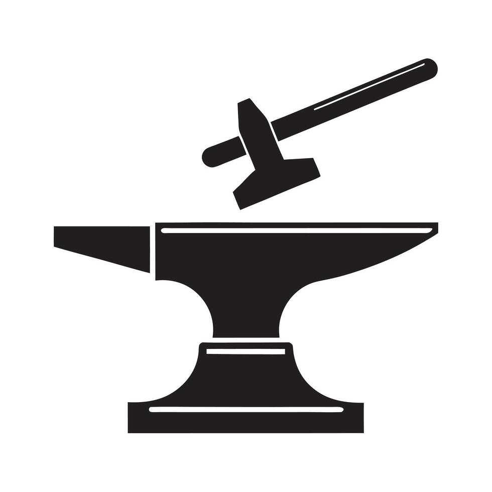 Black Silhouette Anvil and Hammer Icon Isolated on White Background Simple Metalworking Tool Graphic Design Element vector