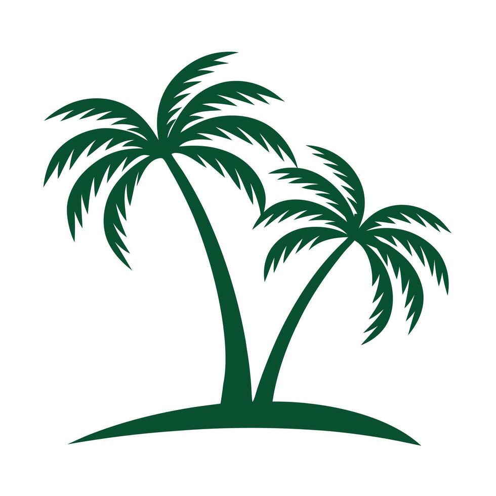 Two Dark Green Palm Trees on a Small Green Island Silhouette Against White Background Simple Tropical Illustration vector