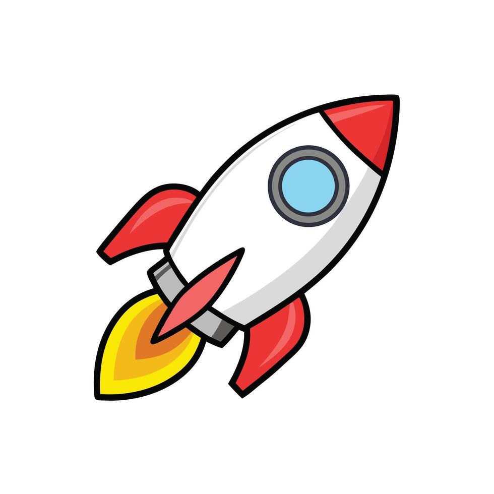 Cartoon Rocket Ship Illustration Red White Yellow Flames Space Travel Startup Icon Graphic Design Element vector