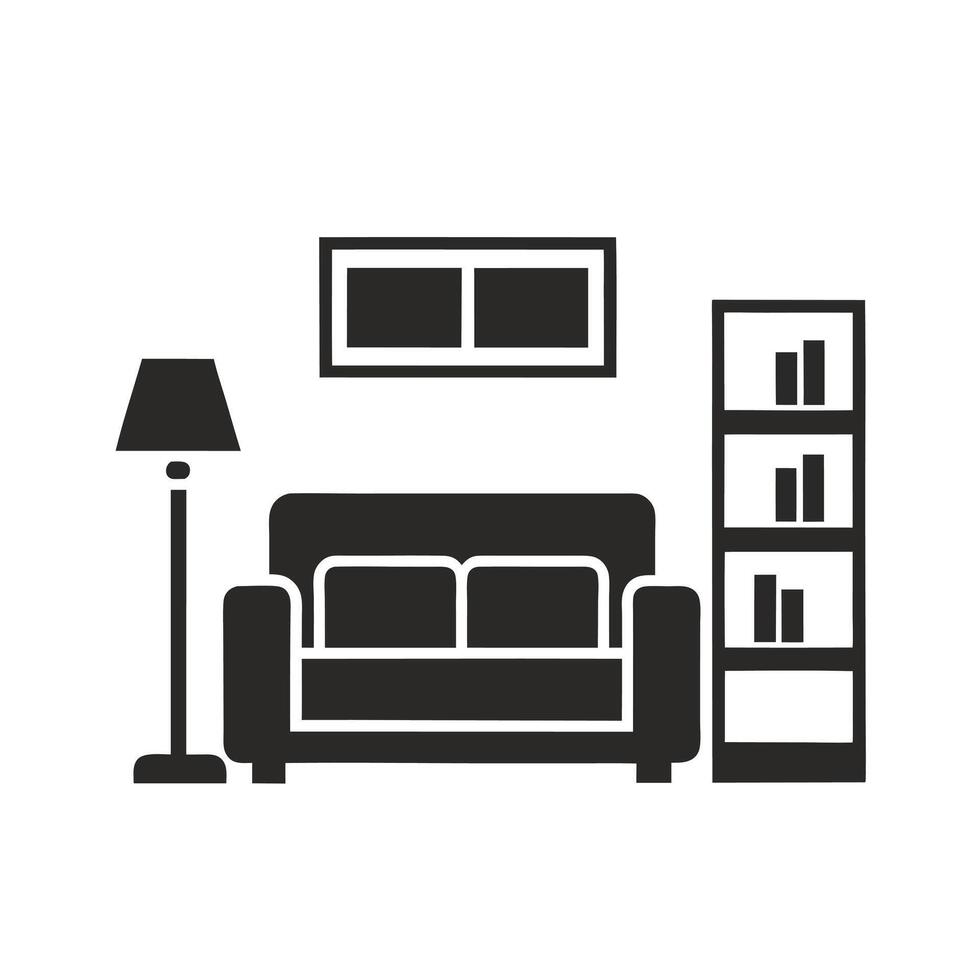 Simple Black Silhouette of Living Room Furniture Sofa Floor Lamp and Bookshelf on White Background vector