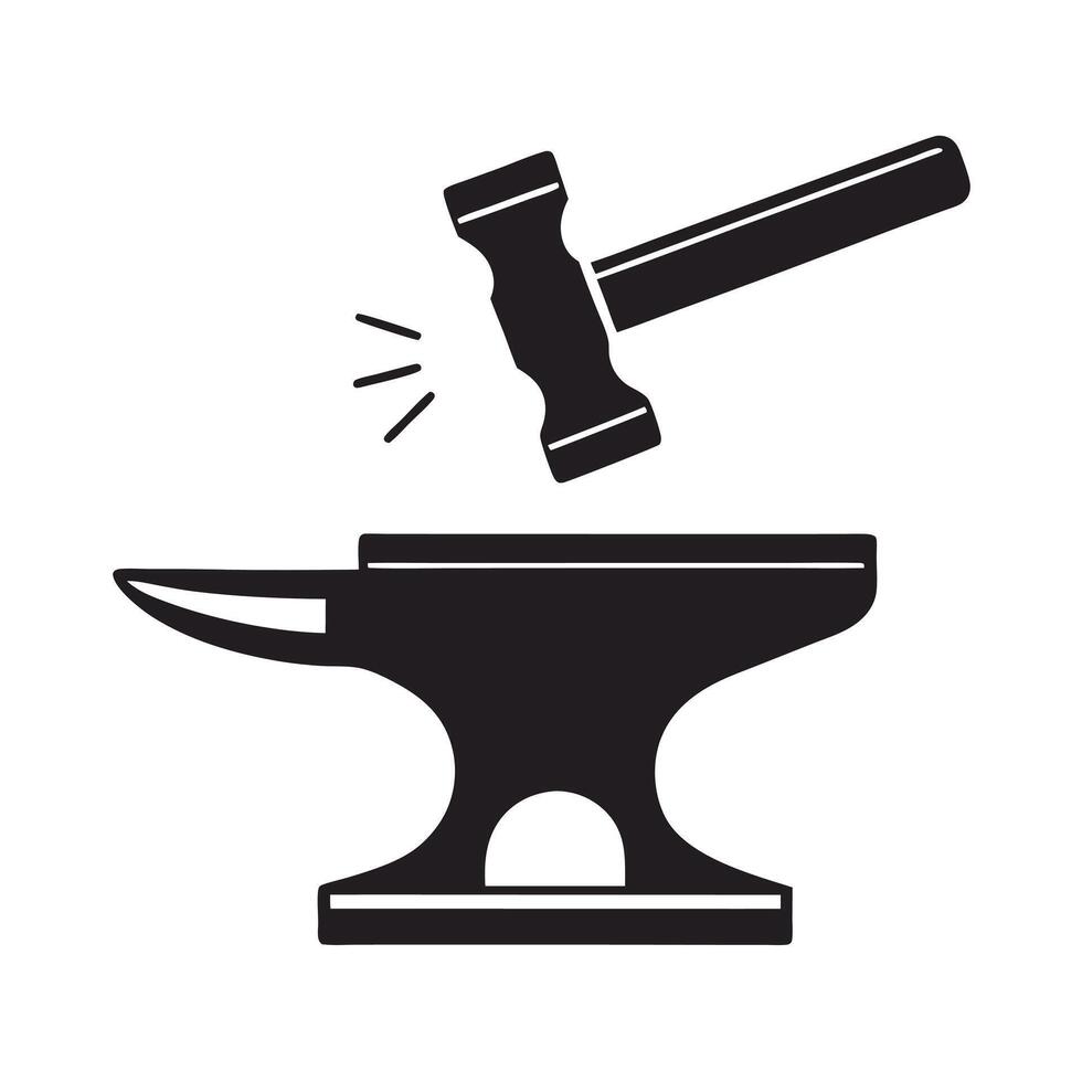 Black Silhouette of Hammer Striking Anvil Isolated on White Background Simple Metalwork Icon Graphic Design Element vector