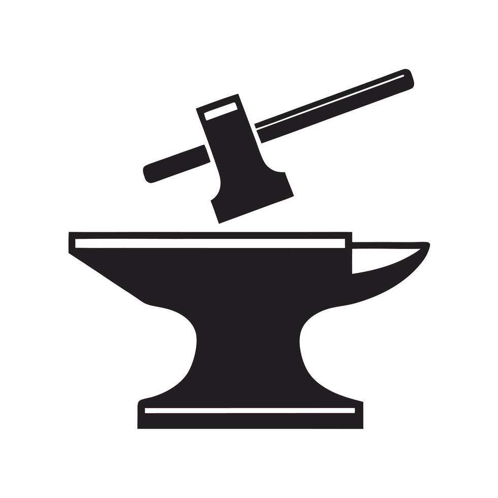 Black Silhouette of Anvil and Hammer Isolated on White Background Simple Metalwork Icon Graphic Design Element vector