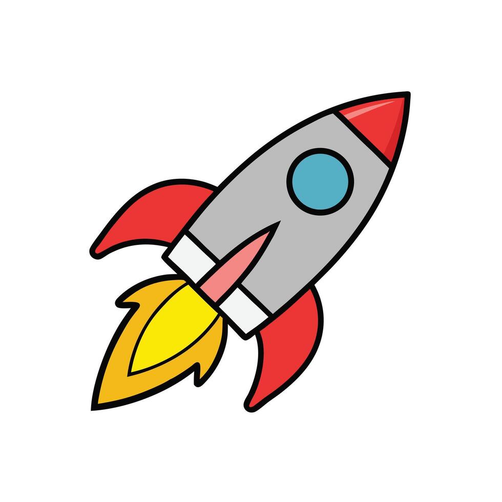 Cartoon Rocket Ship Launching Gray Body Red Fins Yellow Orange Flames Simple Childlike Design Space Travel Flight Icon vector