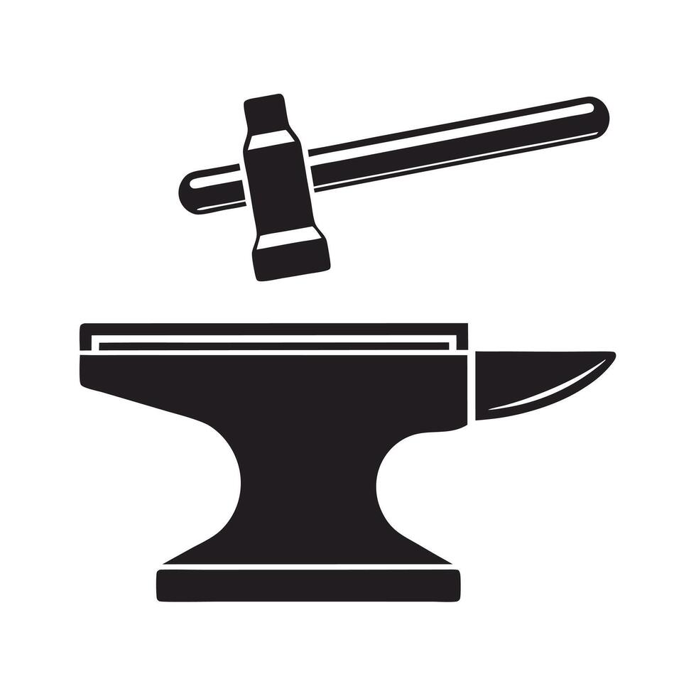 Black Silhouette Anvil and Hammer Isolated on White Background Simple Metalworking Tool Icon Graphic Design Element vector