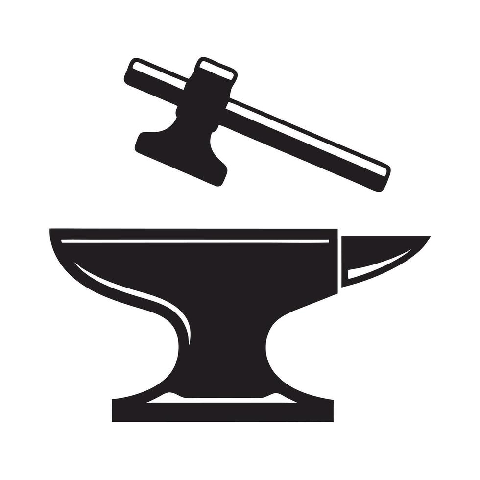 Black Silhouette of Anvil and Hammer Isolated on White Background Simple Black and White Forge Icon Graphic Design vector