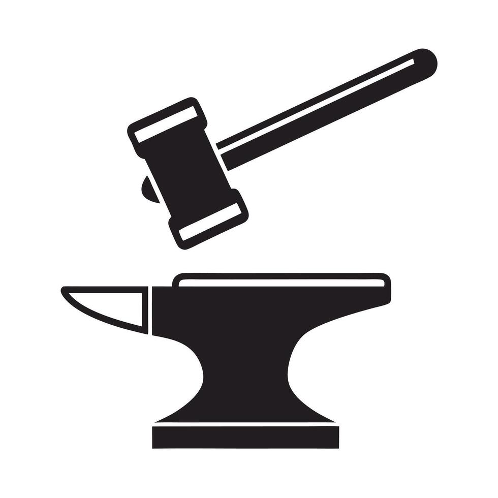 Black Silhouette of a Sledgehammer Above an Anvil on White Background Isolated Icon Graphic Design Element vector