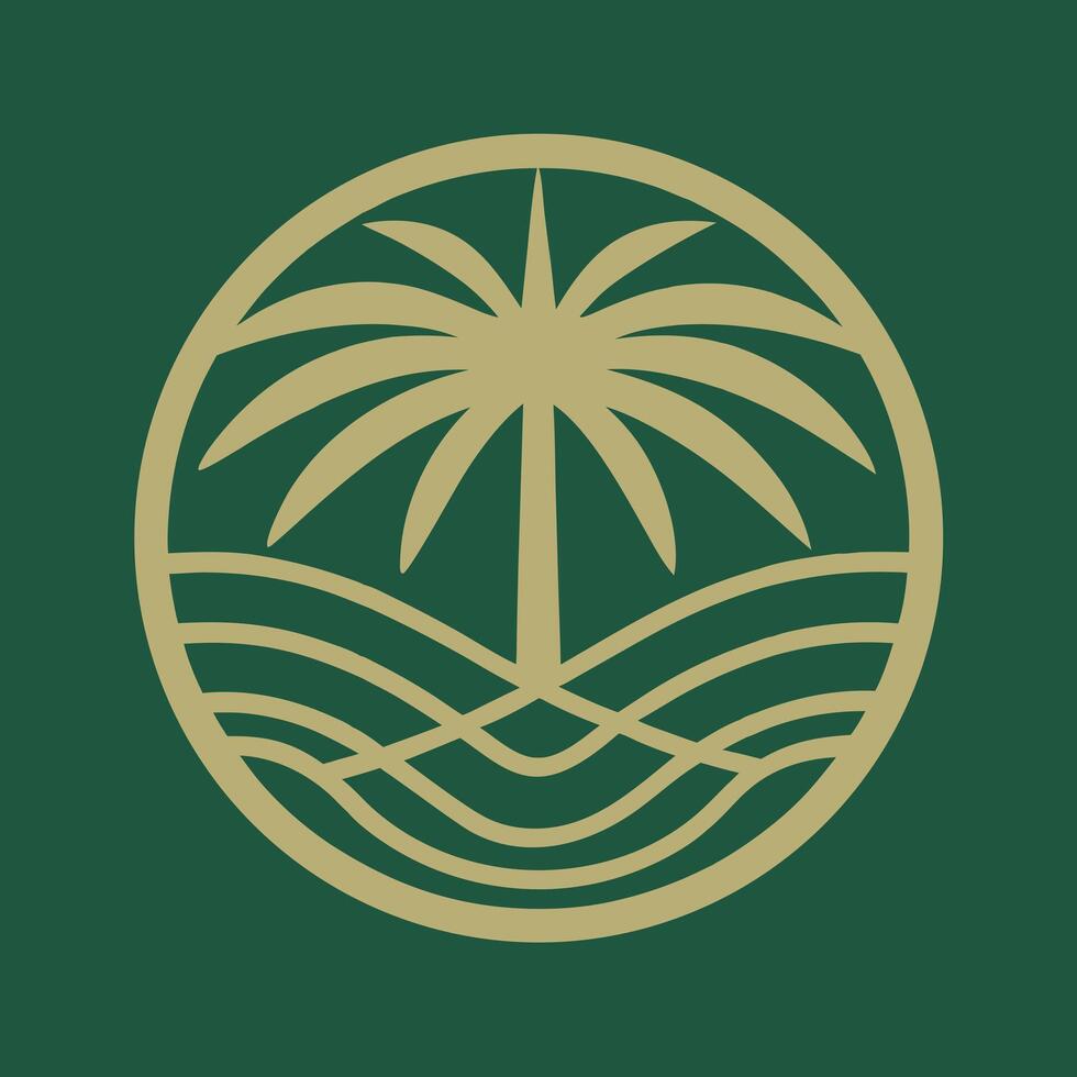 Abstract Beige Palm Tree and Ocean Waves Design in Circular Frame on Dark Green Background Minimalist Tropical Logo vector