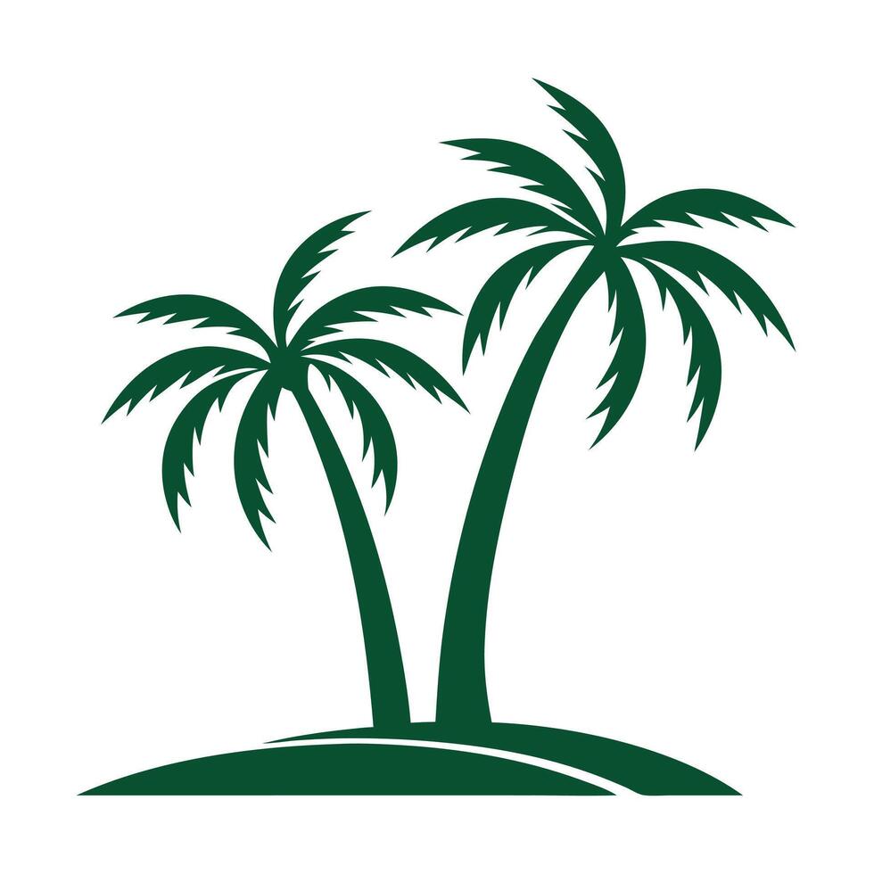 Two Dark Green Palm Trees on a Small Green Hill Island Silhouette Tropical Illustration vector