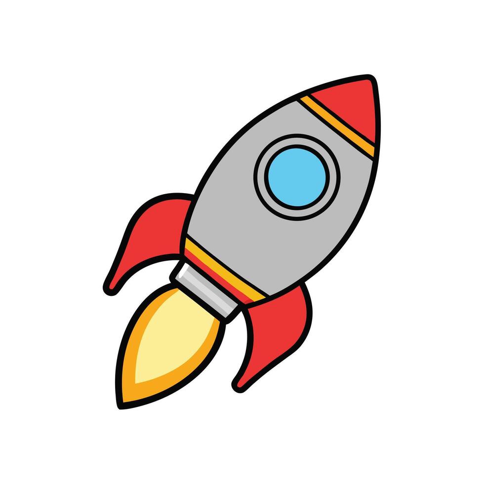 Cartoon Rocket Ship Illustration Grey Red Yellow Colors Space Flight Launch Icon Design Element vector
