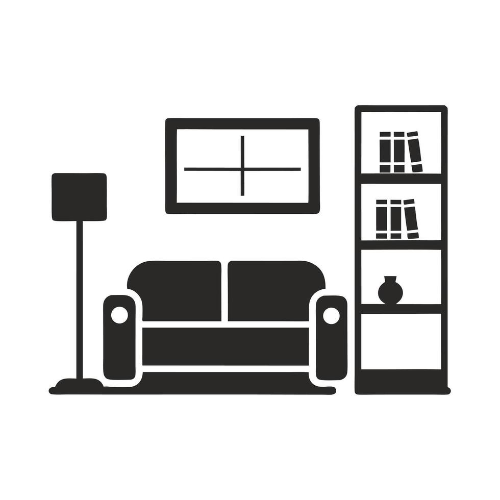 Simple Black Silhouette of Living Room Furniture on White Background Sofa Bookshelf Lamp vector
