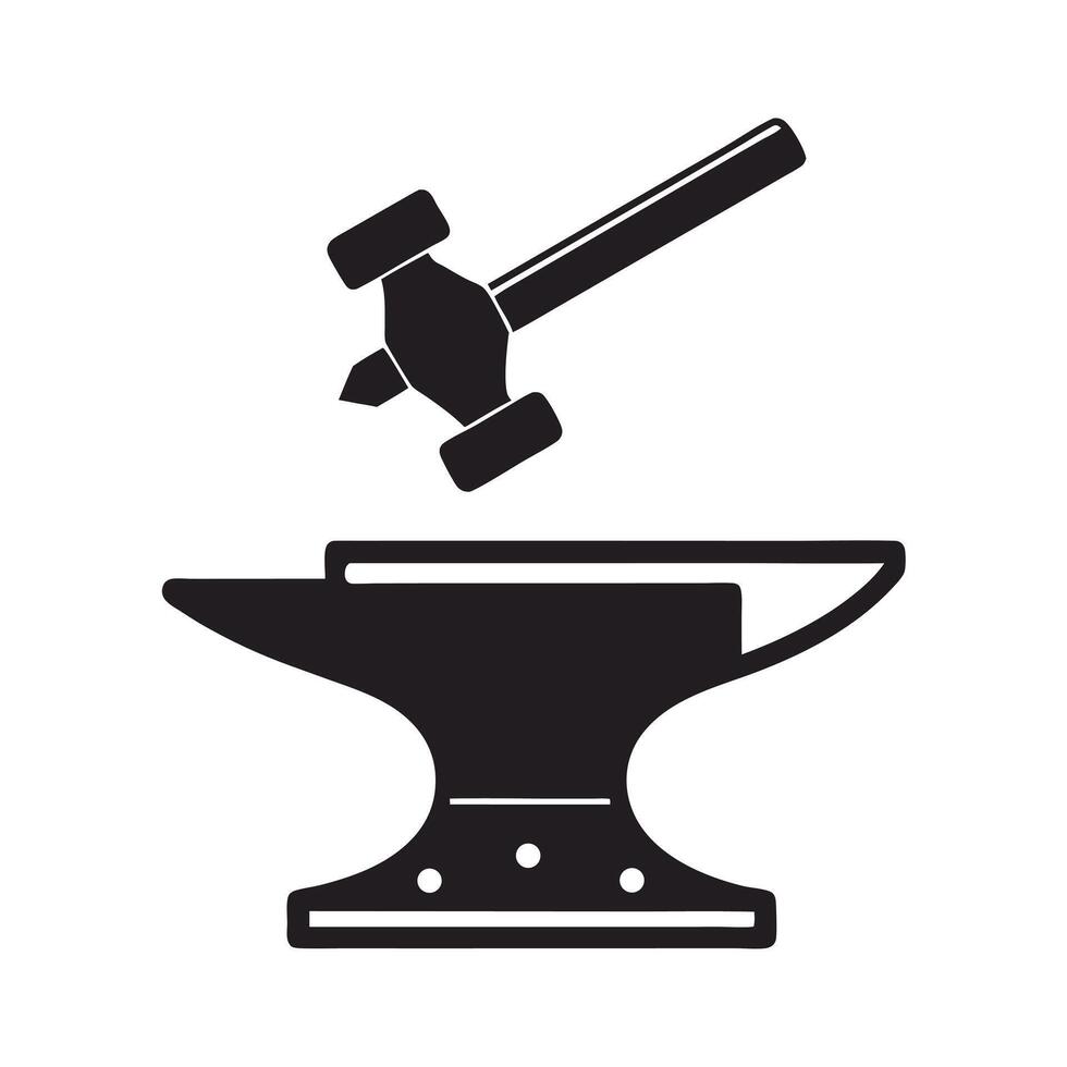 Black Silhouette of Anvil and Hammer Isolated on White Background Simple Forge Tool Icon Design Element vector