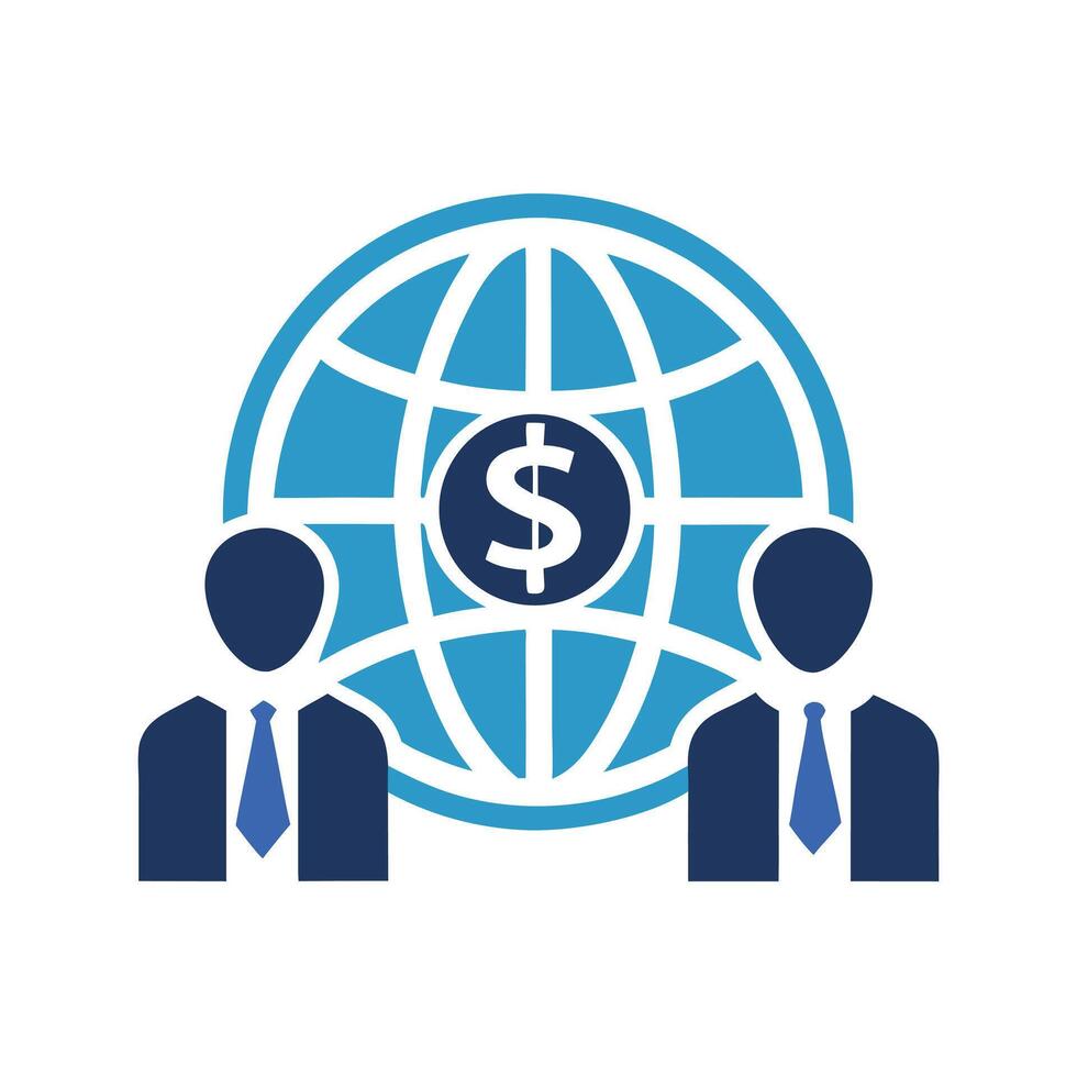 Global Business Partnership Icon Blue and Dark Blue Businessmen with Dollar Sign on World Globe on White Background vector