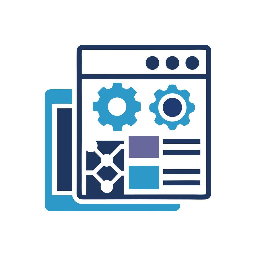 Blue and Dark Blue Webpage Interface Icon with Gears Data Charts and Menu Isolated on White Background vector
