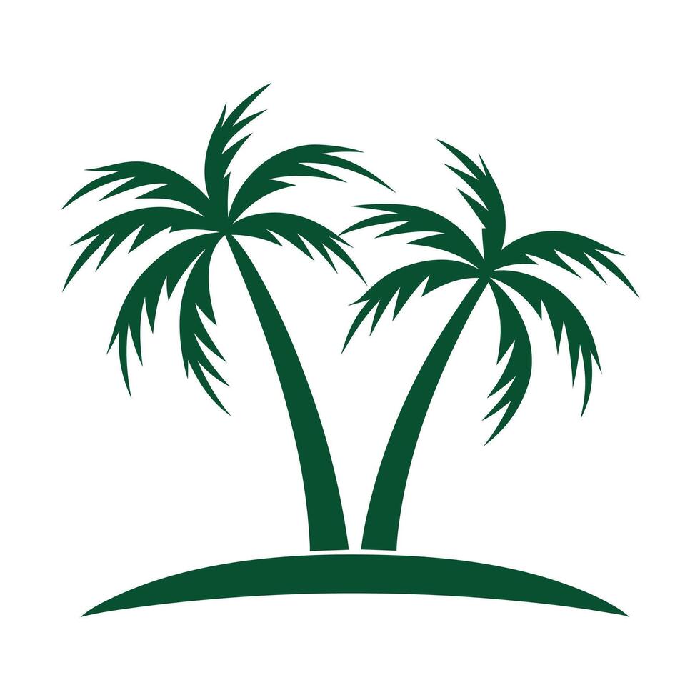 Two Dark Green Palm Trees on Small Green Island Simple Tropical Illustration Graphic Design Element vector