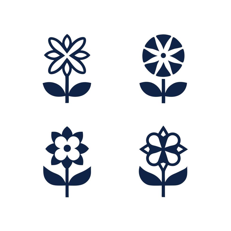Four Stylized Navy Blue Flowers with Leaves Isolated on White Background Simple Floral Design Elements vector