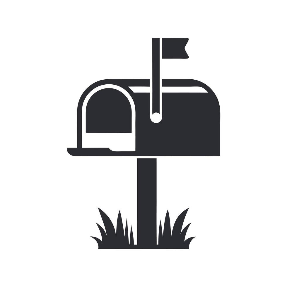 Simple Dark Gray Mailbox Icon with Raised Flag on Post and Grass Base on White Background vector